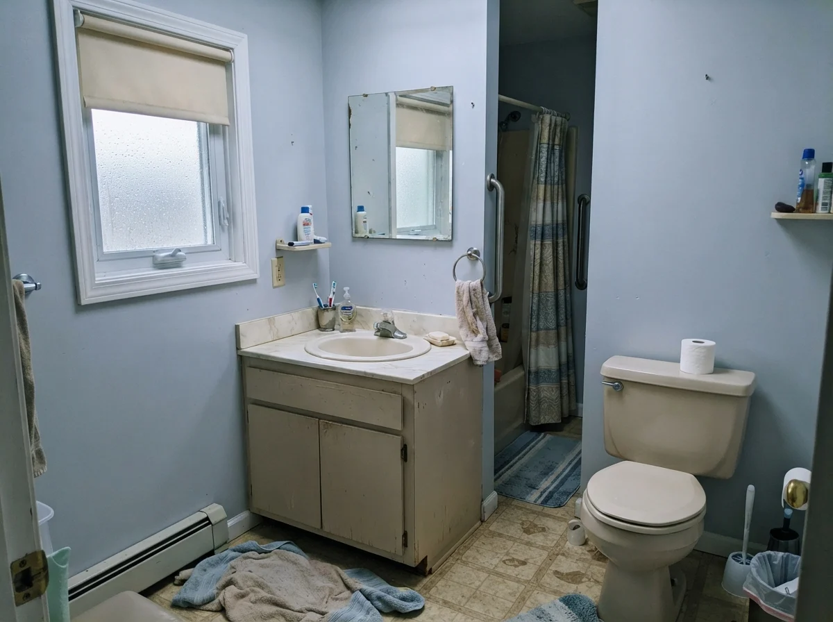 Modest bathroom in cool north rain light with Creamy Mushroom walls showing cool undertones.