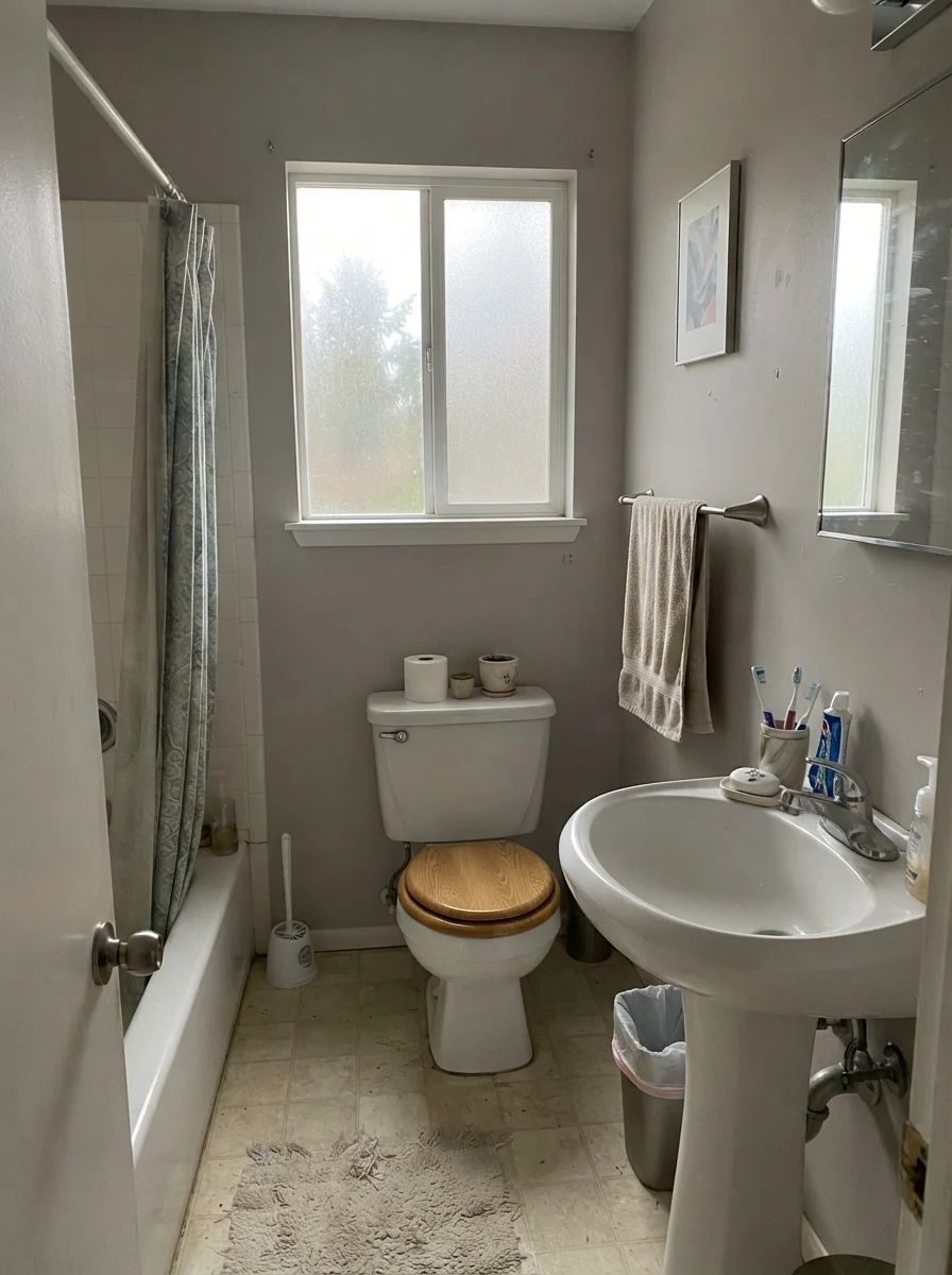 Small bathroom on an overcast day with Creamy Mushroom walls appearing flat and muted gray.