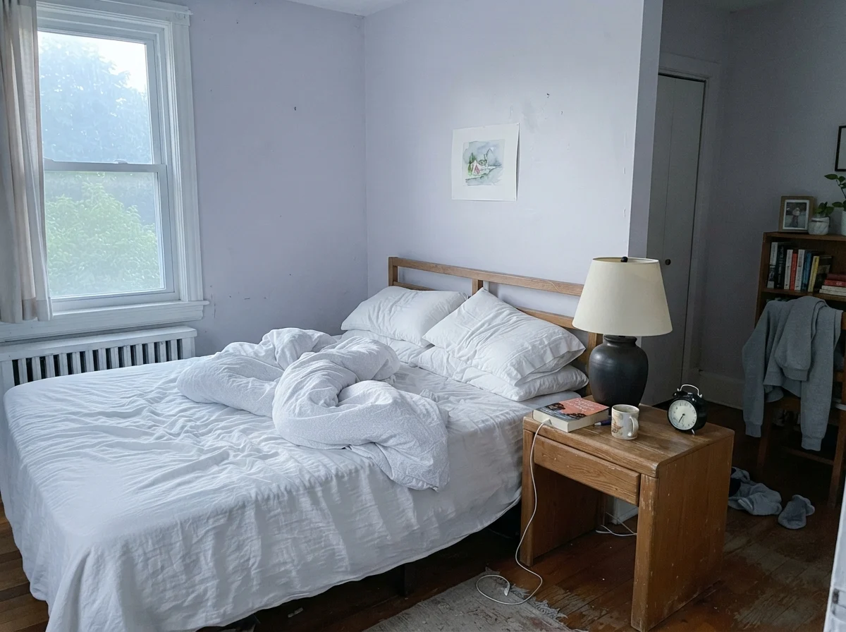 Simple bedroom in cool morning light with Creamy Mushroom painted walls looking pale.
