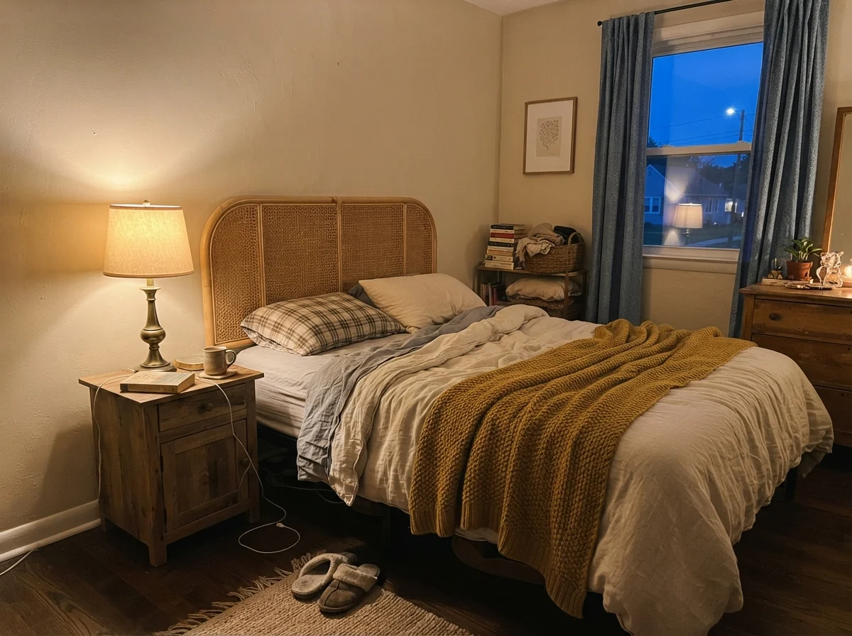 Bedroom at dusk with a glowing table lamp showing the warm rosy tone of Creamy Mushroom.