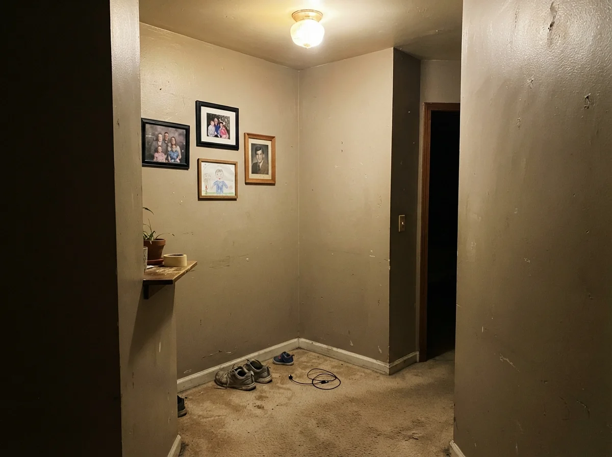 Windowless hallway corner showing Creamy Mushroom looking muddy and flat under dim lighting.