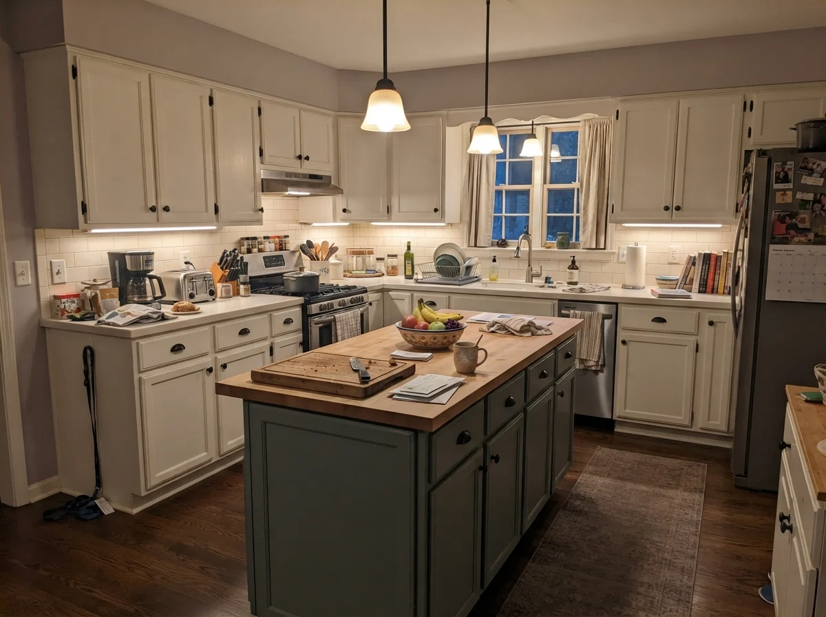 Kitchen island painted Creamy Mushroom surrounded by white kitchen cabinets.