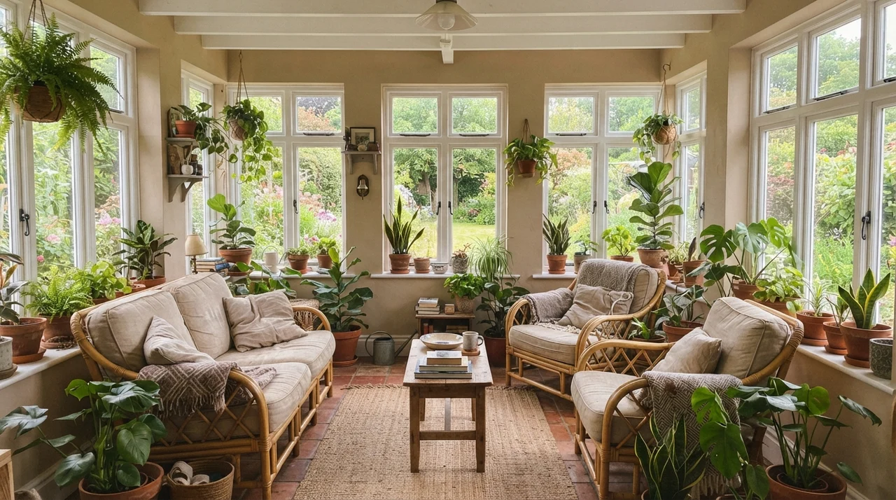 Sunroom with Creamy Mushroom walls surrounded by white windows, plants, and rattan furniture.