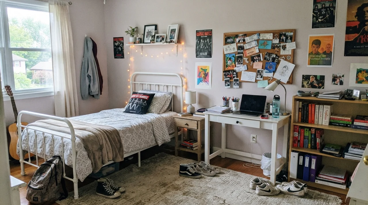 Teen bedroom with Creamy Mushroom walls, white metal bed frame, and study desk.