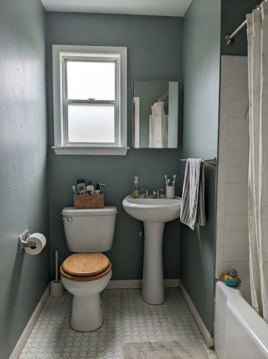 Bathroom wall in Behr Hidden Gem reading gray under overcast light.