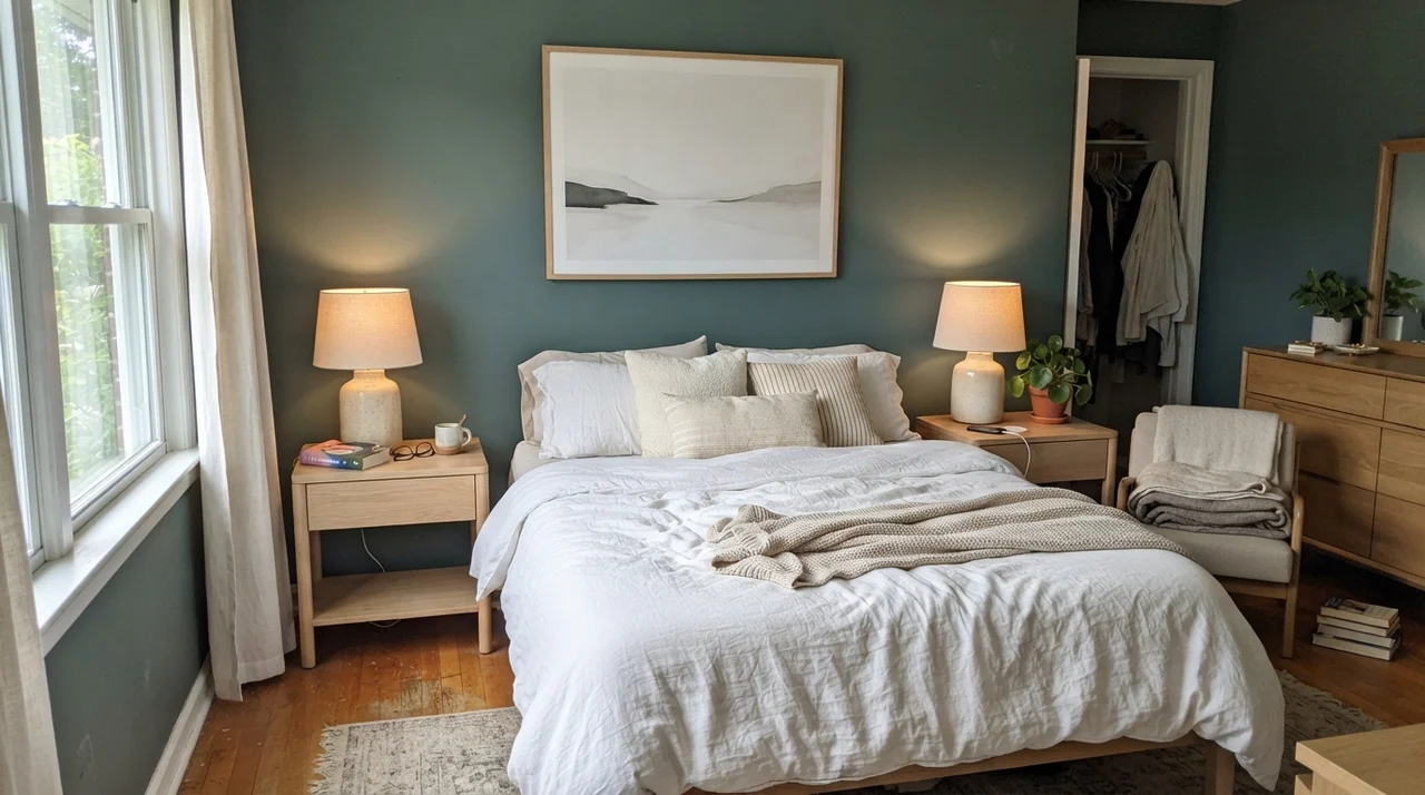 Main bedroom with Behr Hidden Gem painted walls and white linen bedding.