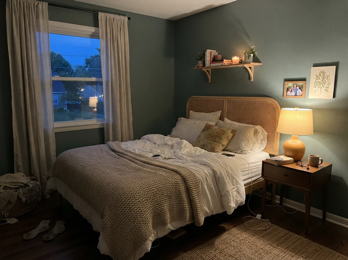 Bedroom with Behr Hidden Gem wall illuminated by a warm table lamp at dusk.
