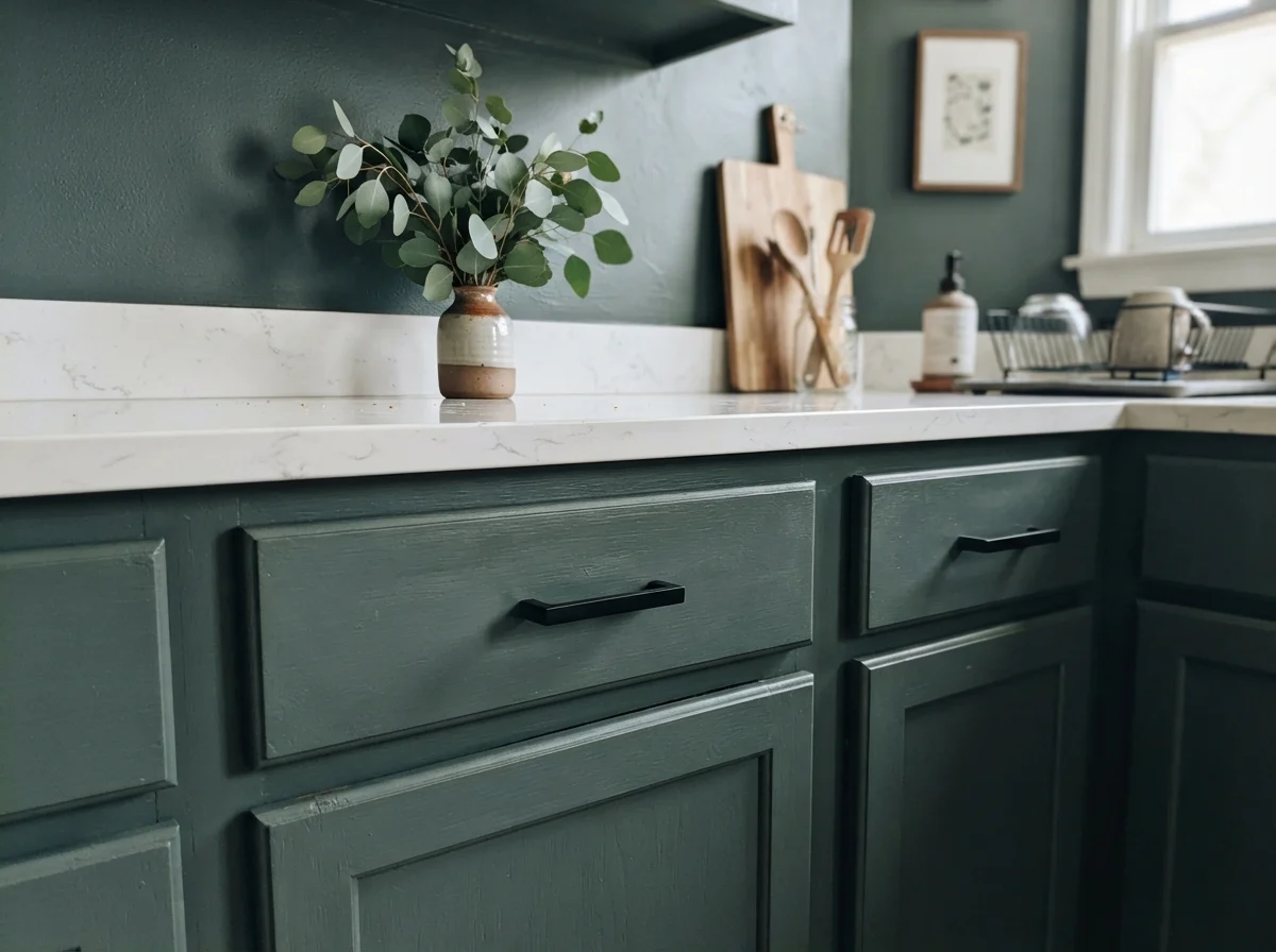 Close-up of Behr Hidden Gem painted cabinet door with black hardware.