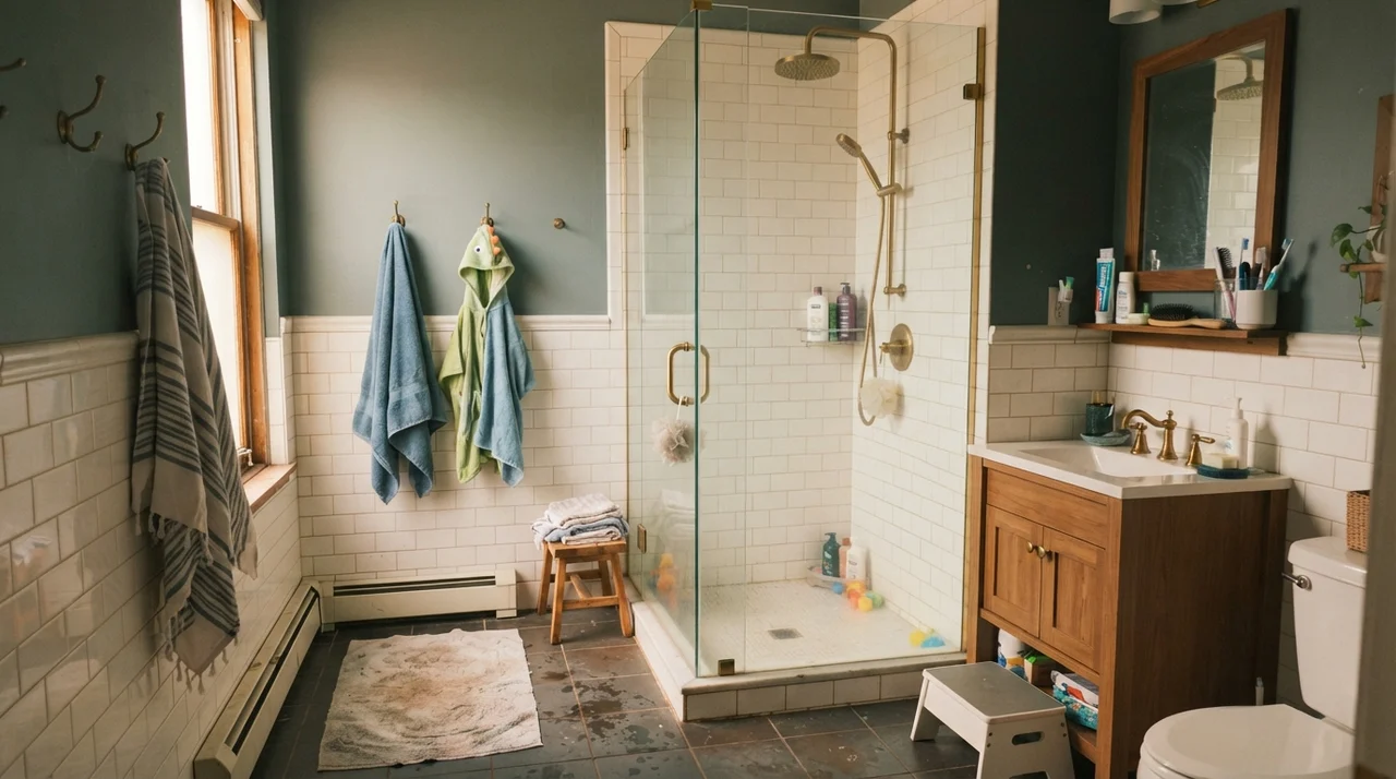 Family bathroom with upper walls painted Behr Hidden Gem above white subway tile wainscot with brass shower fixtures and a glass shower door.