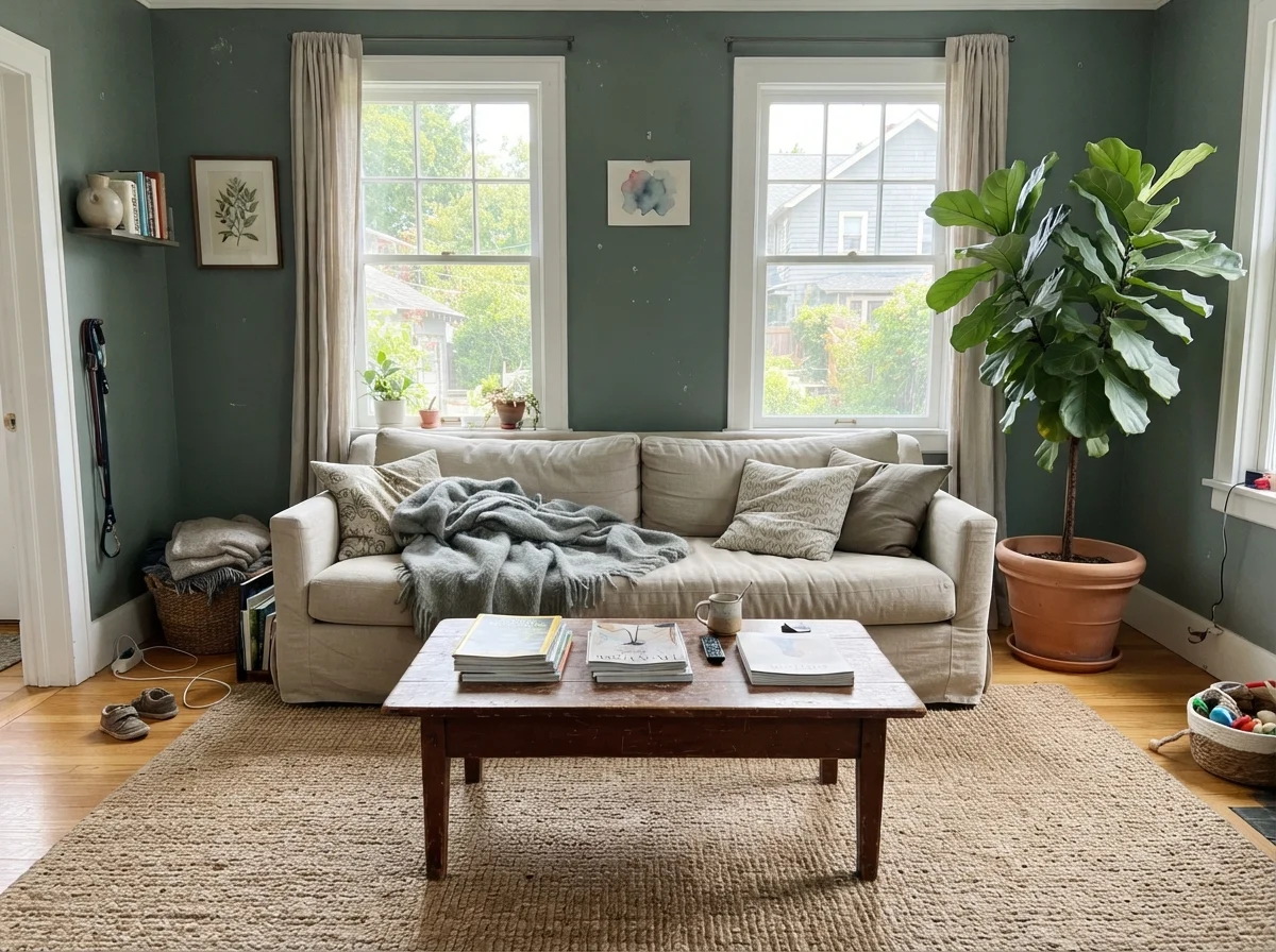 Living room with Behr Hidden Gem walls and linen sofa.