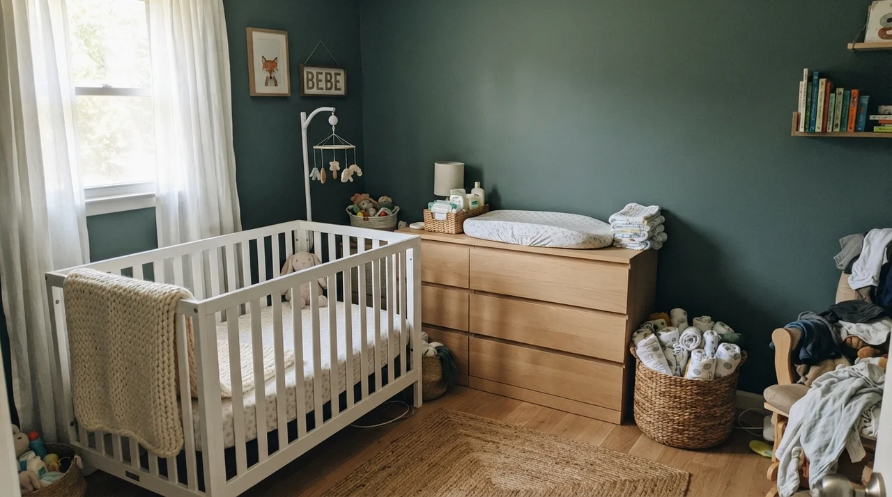 Nursery with painted Behr Hidden Gem walls and white crib.