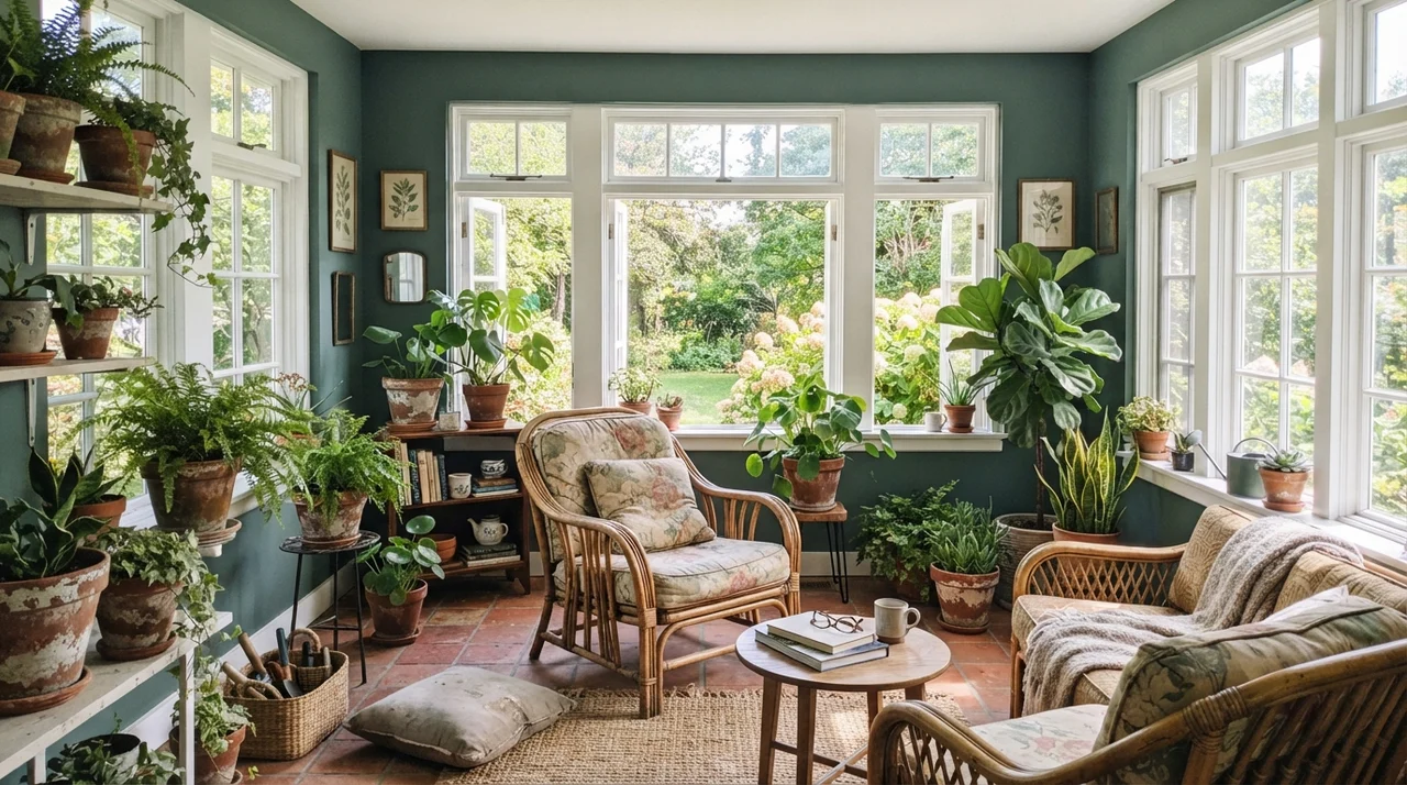 Sunroom with Behr Hidden Gem accent walls and plants.
