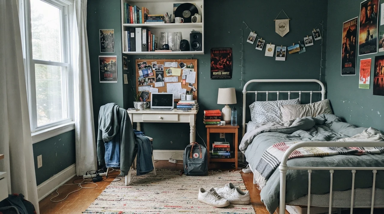 Teen bedroom with Behr Hidden Gem walls and white desk setup.