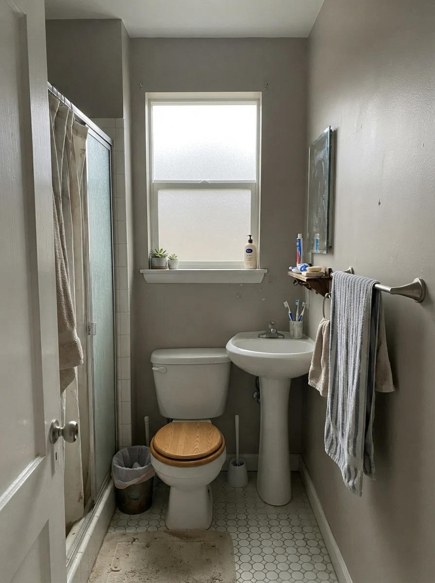 Small bathroom in flat overcast daylight showing muted grayish Baby Fawn walls.