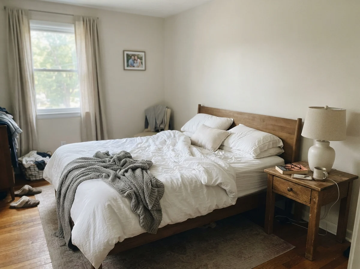 Bedroom in cool early-morning light with unmade bed and pale washed-out Baby Fawn walls.