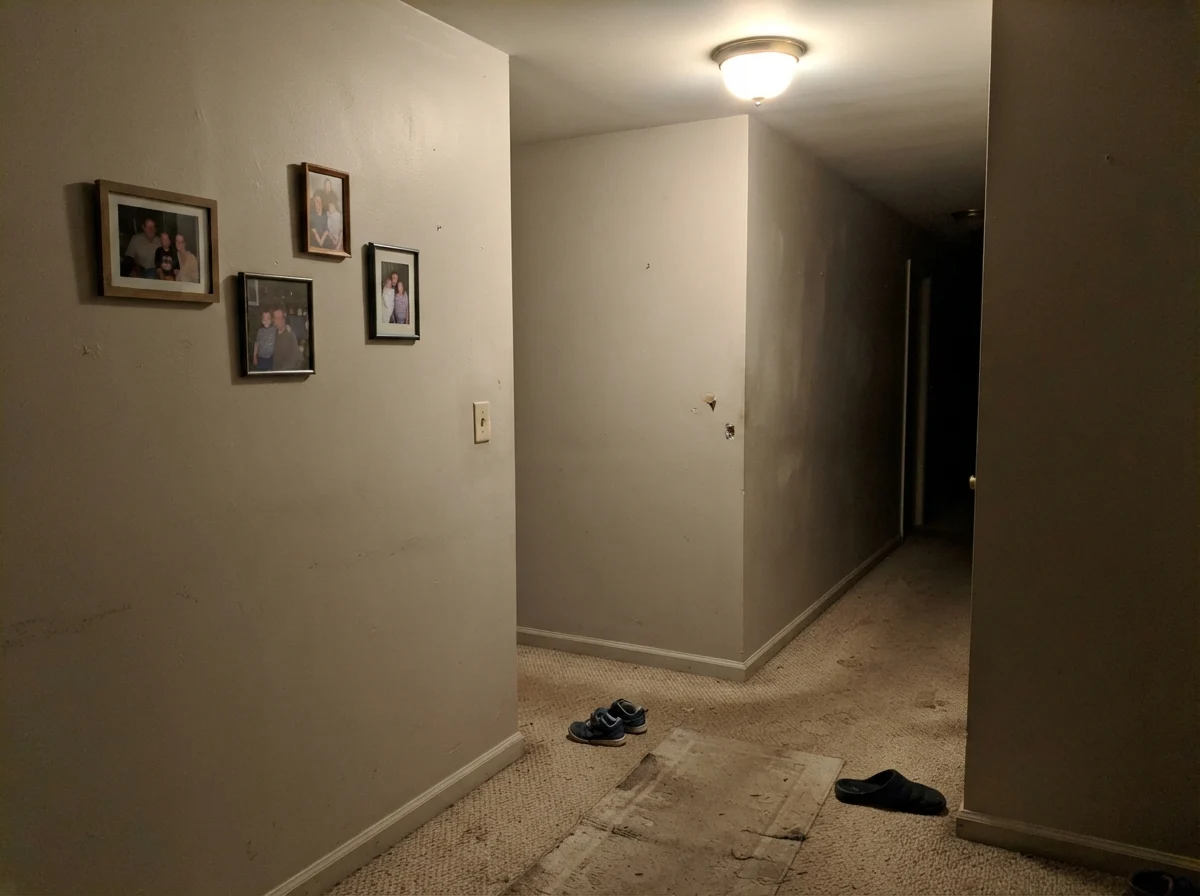 Dim windowless hallway corner showing muddy putty-colored Baby Fawn walls.