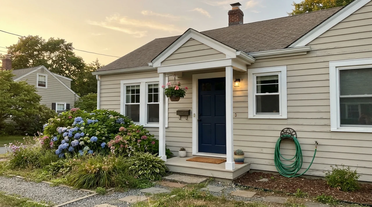 Exterior siding painted Baby Fawn in golden hour light with dark navy door and white trim.