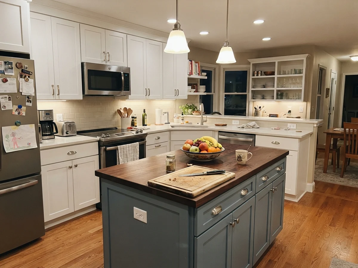 Family kitchen with island painted Baby Fawn surrounded by white cabinets and cream walls.