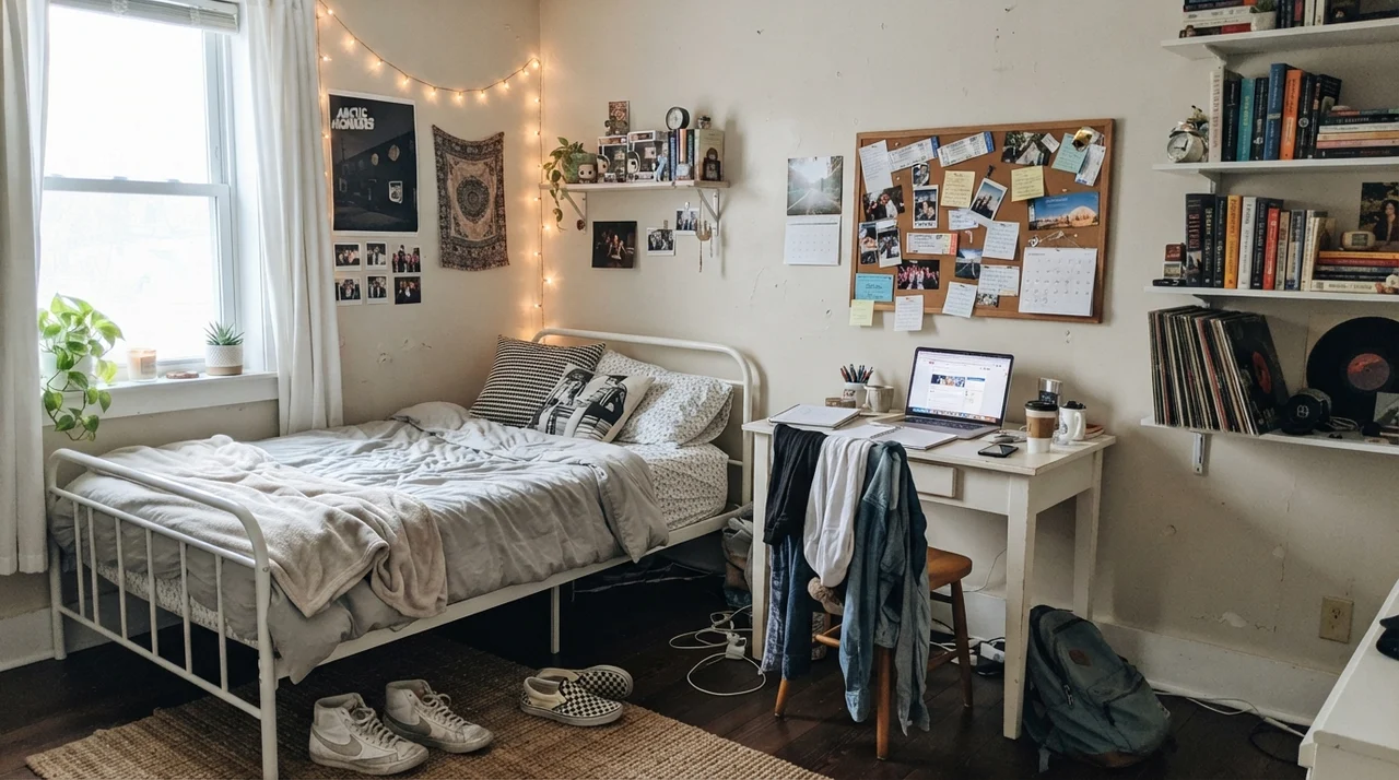 Teenager's bedroom with Baby Fawn walls, white metal bed, and study desk.