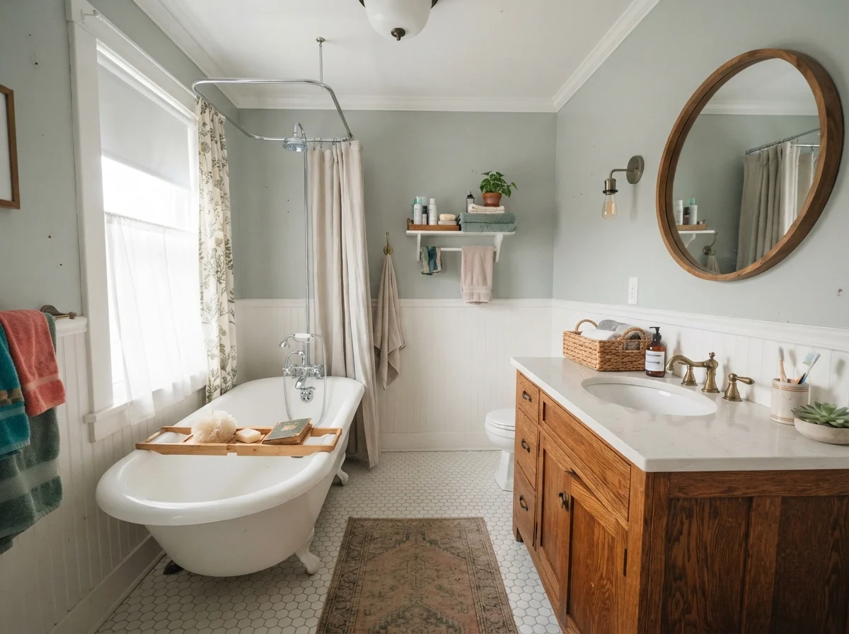 Cottage bath with white clawfoot tub, hex tile, warm oak vanity and Beach Glass walls