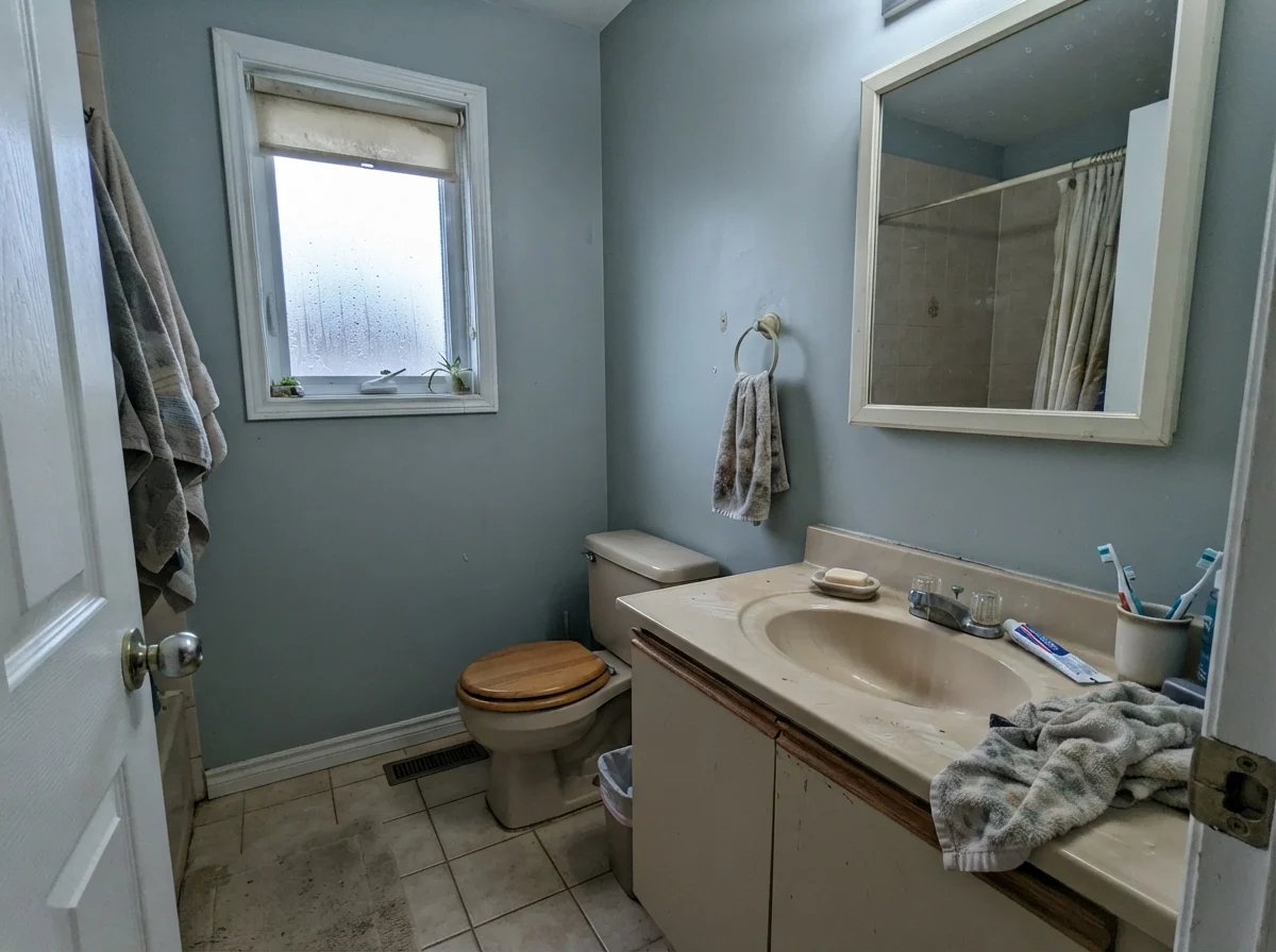 Modest bathroom with cool north light casting a blue tone on Beach Glass walls