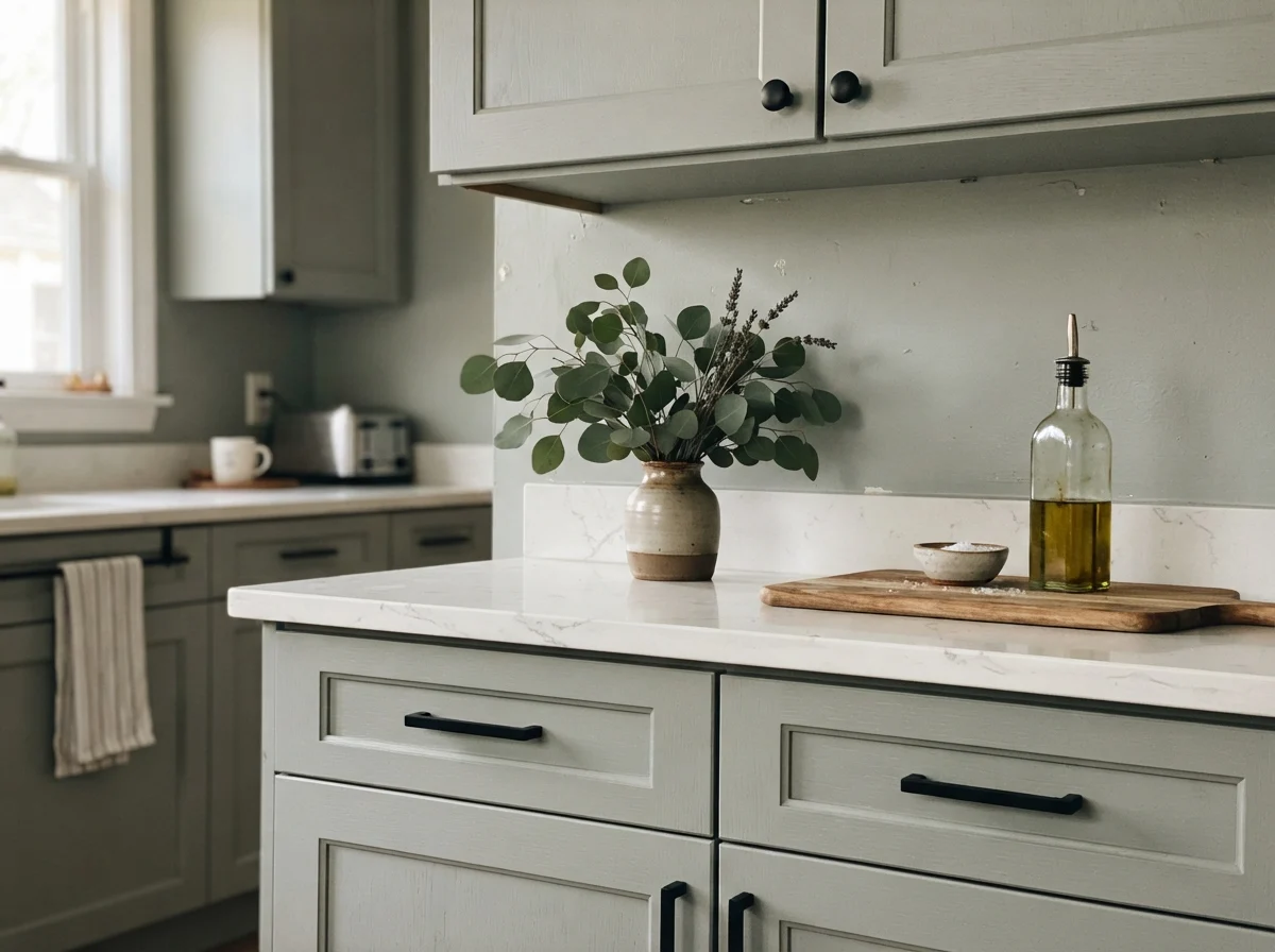 Close-up of Beach Glass cabinet drawer fronts with black hardware and quartz counter