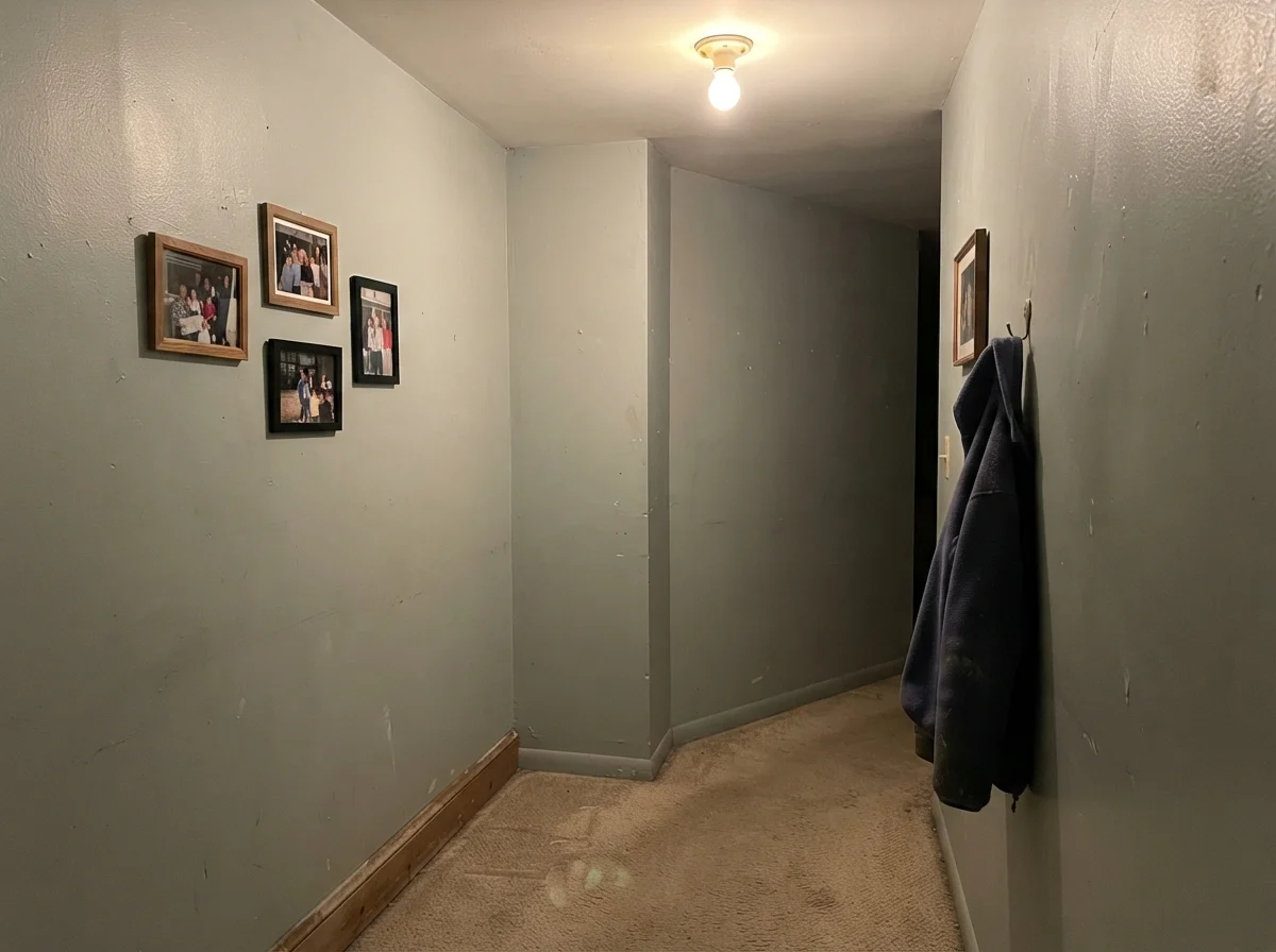 Windowless dim hallway corner showing Beach Glass looking flat muddy and gray