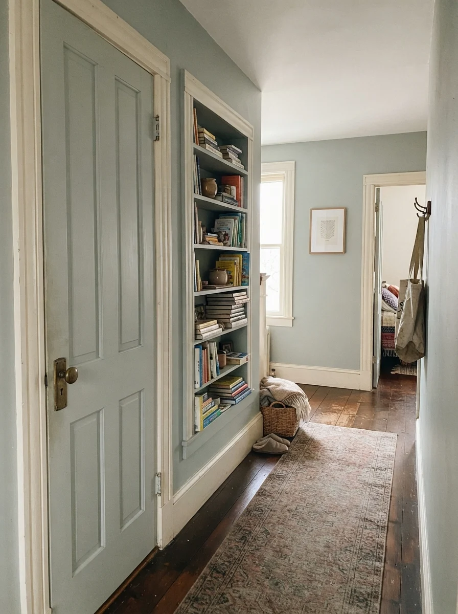 Interior door and built-in bookshelf painted Beach Glass against cream hallway walls
