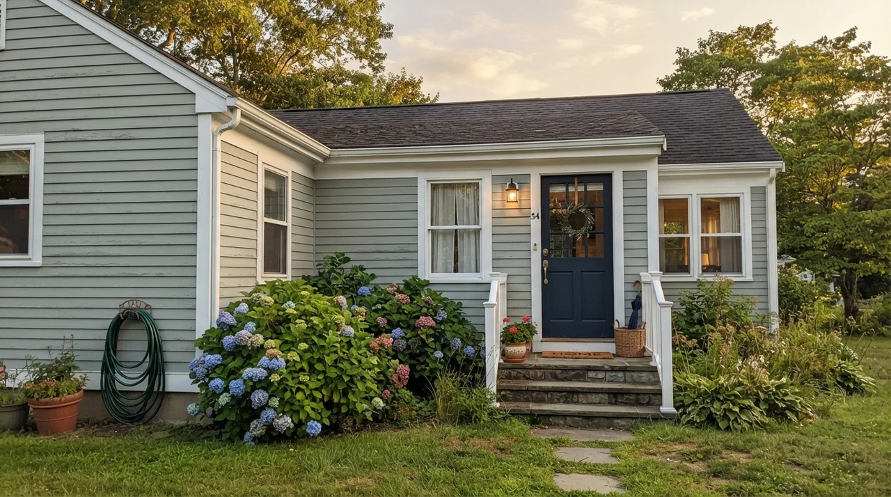 Exterior house siding painted Beach Glass with white trim and dark navy front door