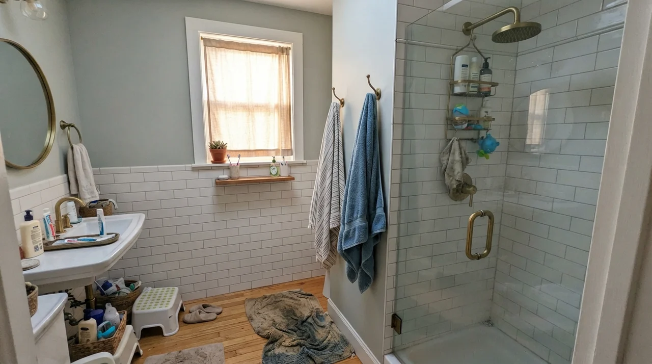 Family bathroom with Beach Glass painted upper walls above white subway tile wainscoting and brass fixtures