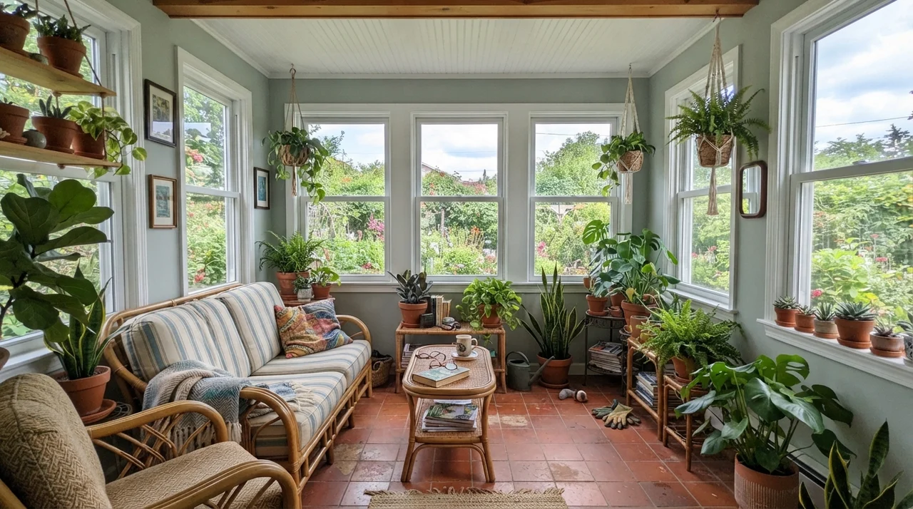 Sunroom with Beach Glass walls between large white windows and rattan furniture