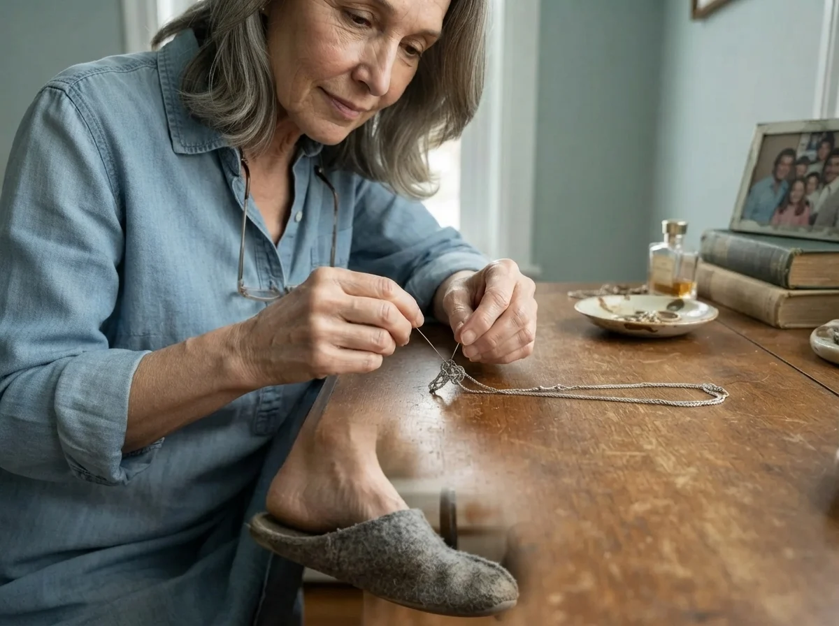 Susan untangling a silver chain in front of a soft Beach Glass painted bedroom wall