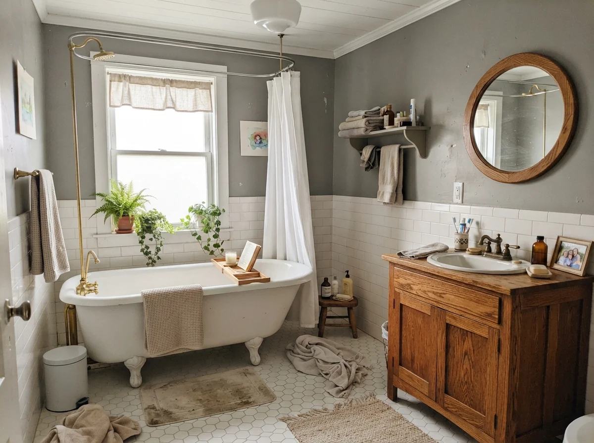 Cottage bathroom featuring a clawfoot tub and oak vanity against Boothbay Gray walls.