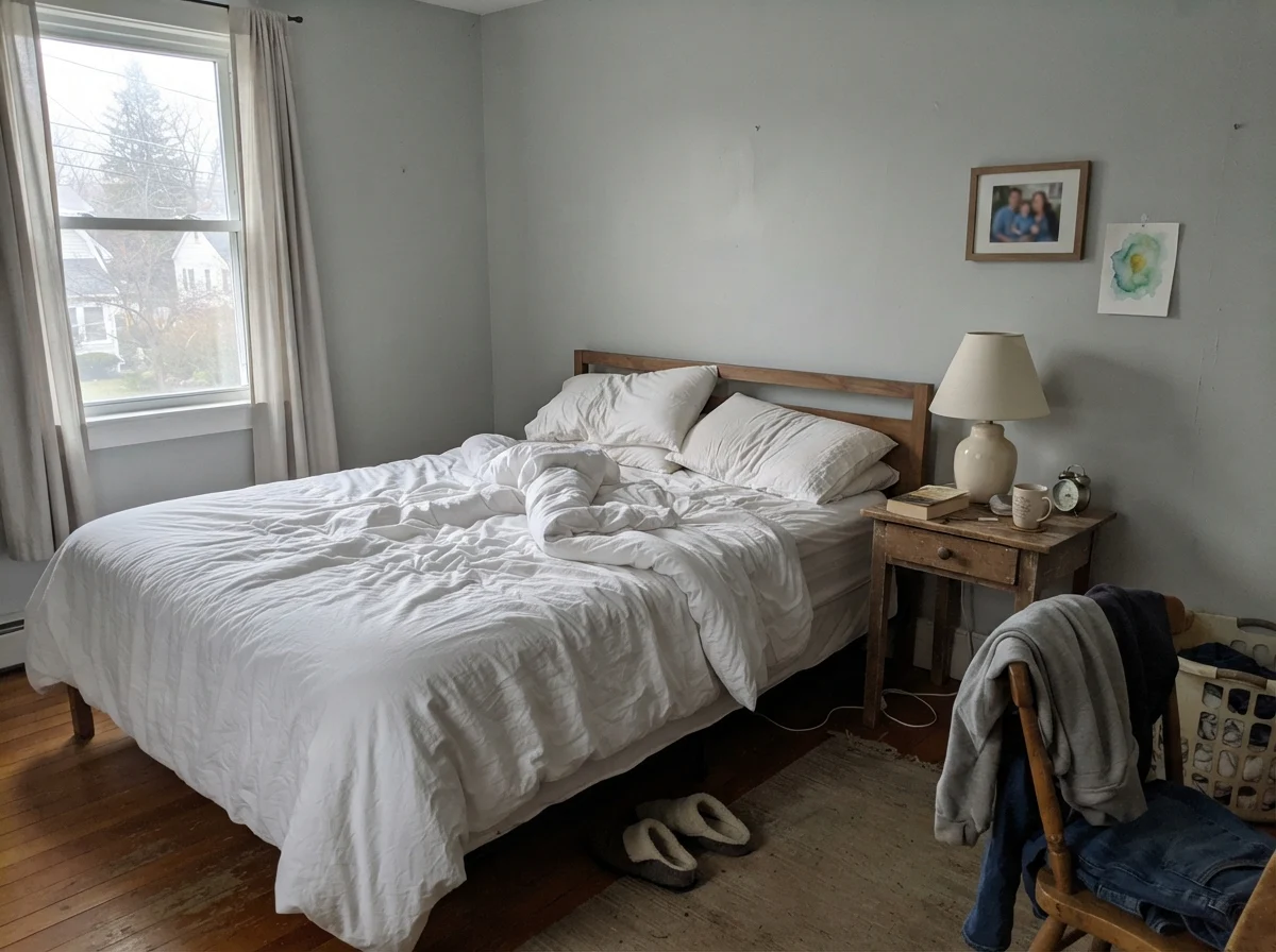 Simple bedroom in cool morning daylight with unmade white bedding and Boothbay Gray walls.