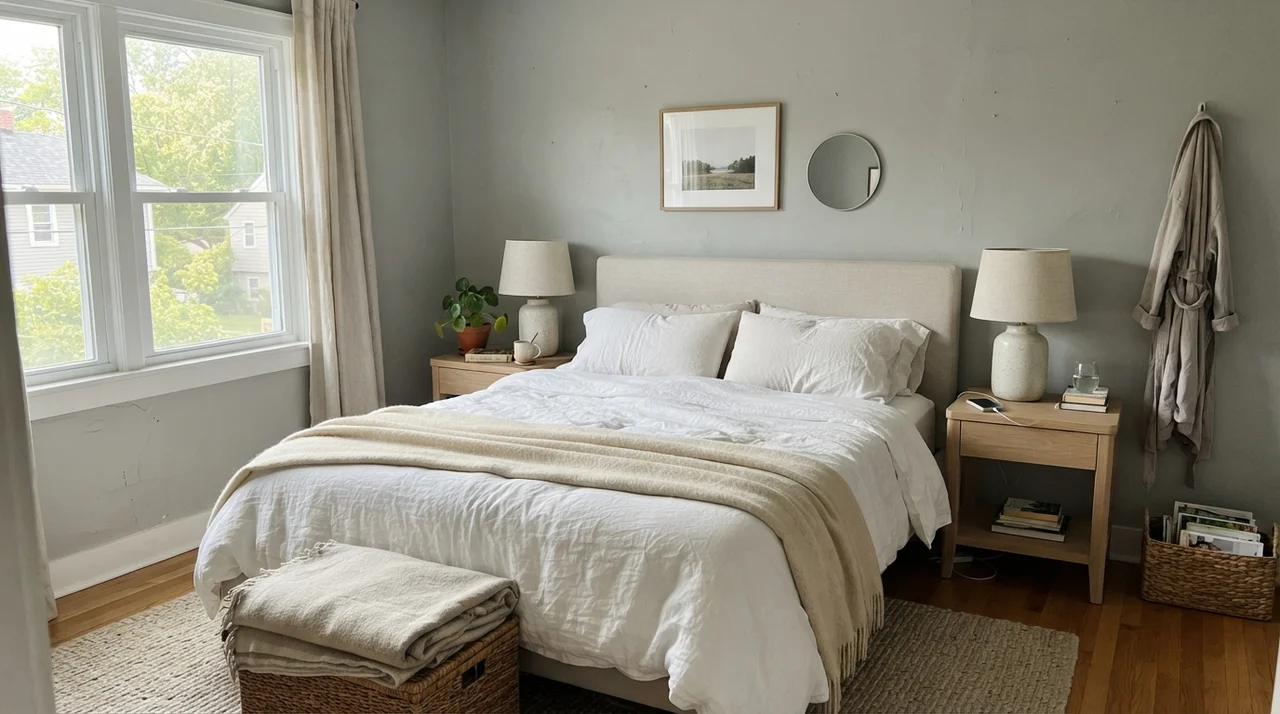 Serene master bedroom painted in Boothbay Gray with white bedding and light oak nightstands.