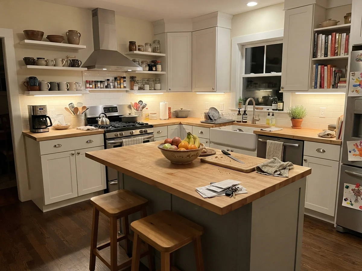 Kitchen featuring a Boothbay Gray painted island with white perimeter cabinetry.