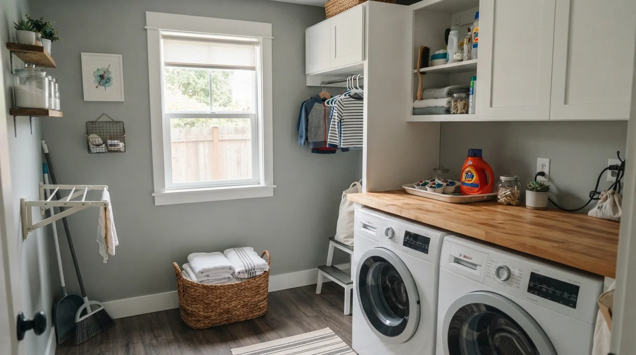Bright laundry room with painted walls, white cabinets, and butcher block counter.