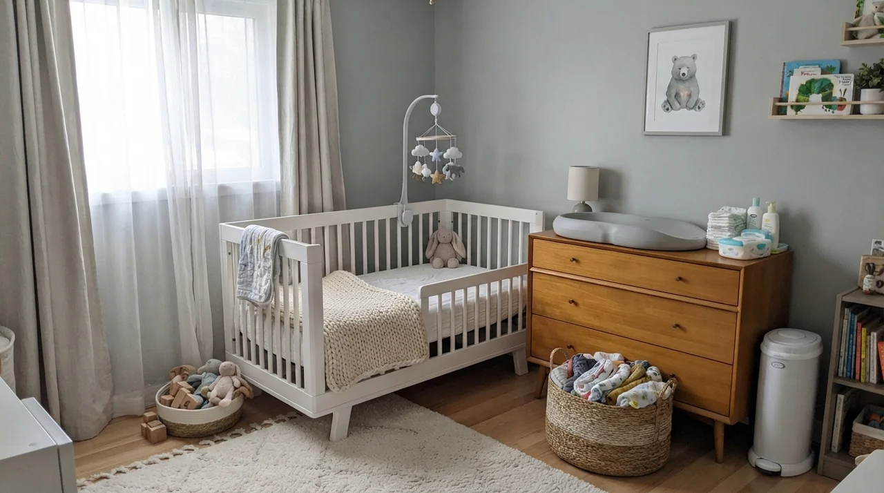 Nursery with Boothbay Gray walls, white crib, and light wood dresser.