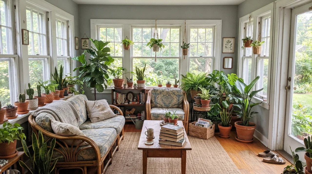 Sunroom with Boothbay Gray walls, rattan furniture, and potted plants.