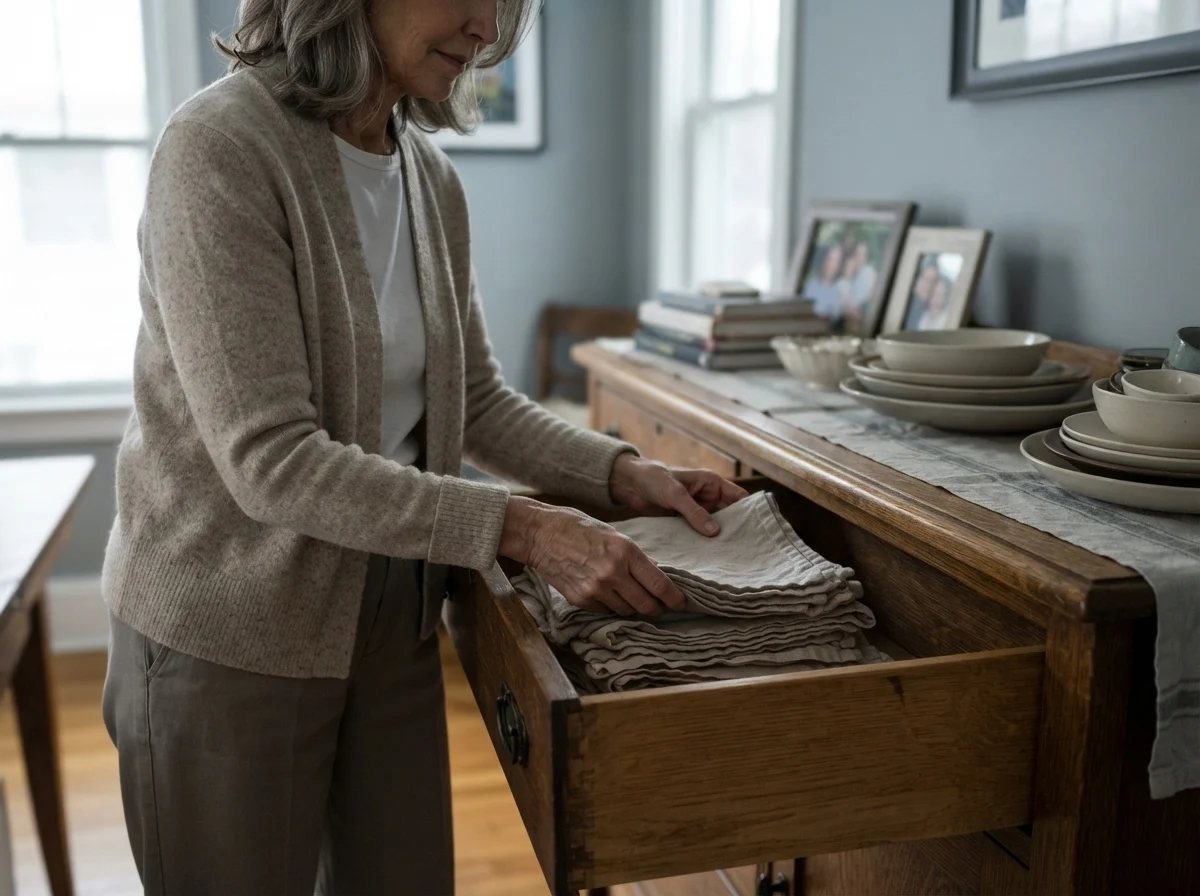 Susan Hartley at a wooden sideboard in a room painted Benjamin Moore Boothbay Gray.