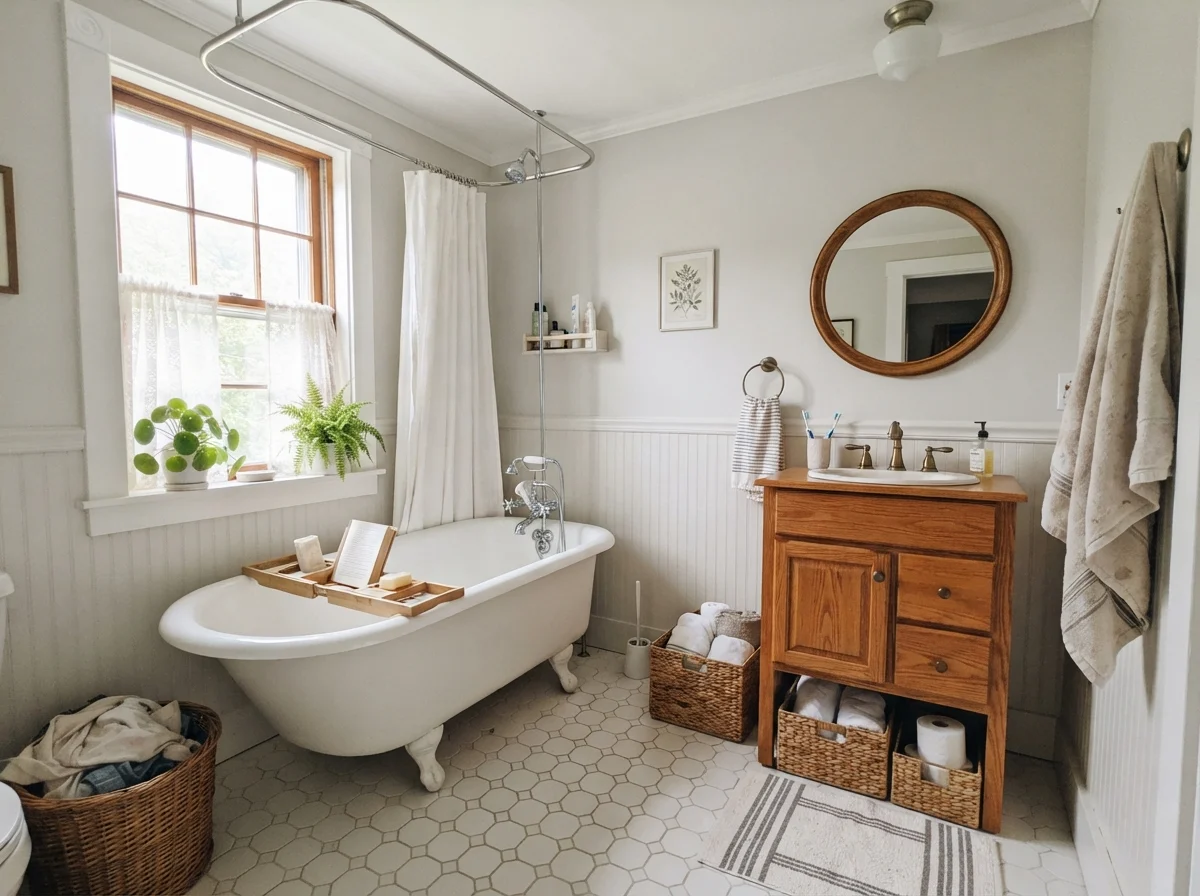 Cottage bathroom featuring a white clawfoot tub and Benjamin Moore Calm painted walls.