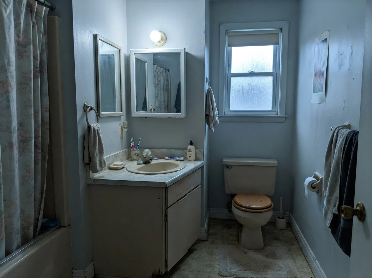 Dated bathroom showing Benjamin Moore Calm taking on a cool cast in north light.
