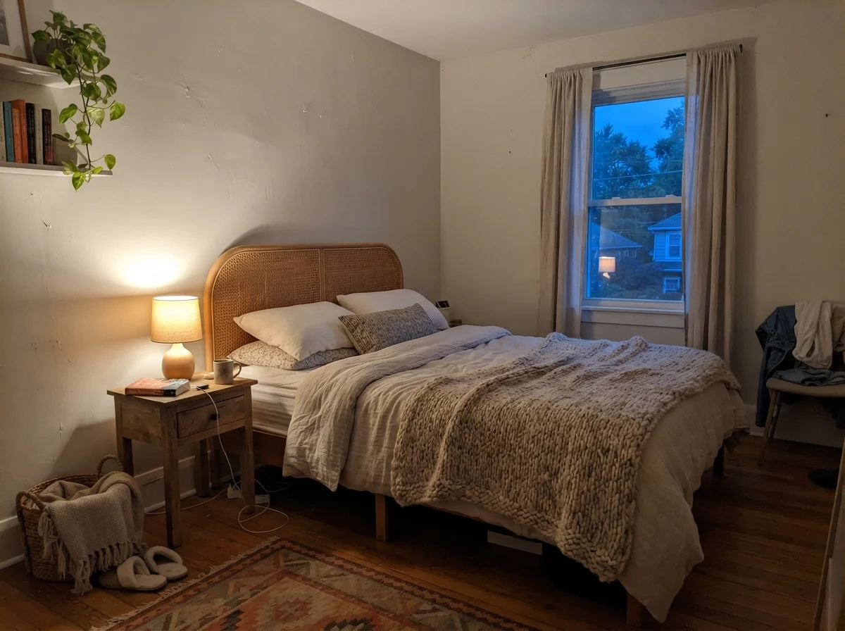 Bedroom at dusk with warm lamp glowing against walls painted in Benjamin Moore Calm.