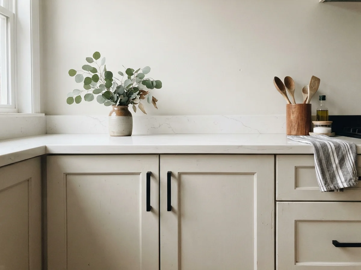 Close-up of shaker cabinets in Benjamin Moore Calm with matte black handles.