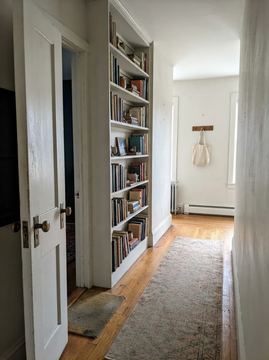 Interior door and built-in bookshelf painted in Benjamin Moore Calm with brass knob.