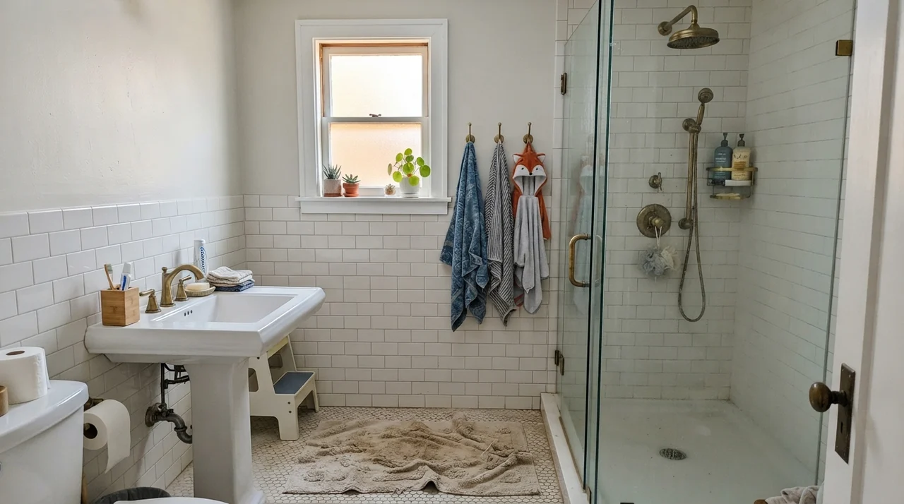 Family bathroom with Benjamin Moore Calm on the upper walls above white subway tile and brass shower fixtures.