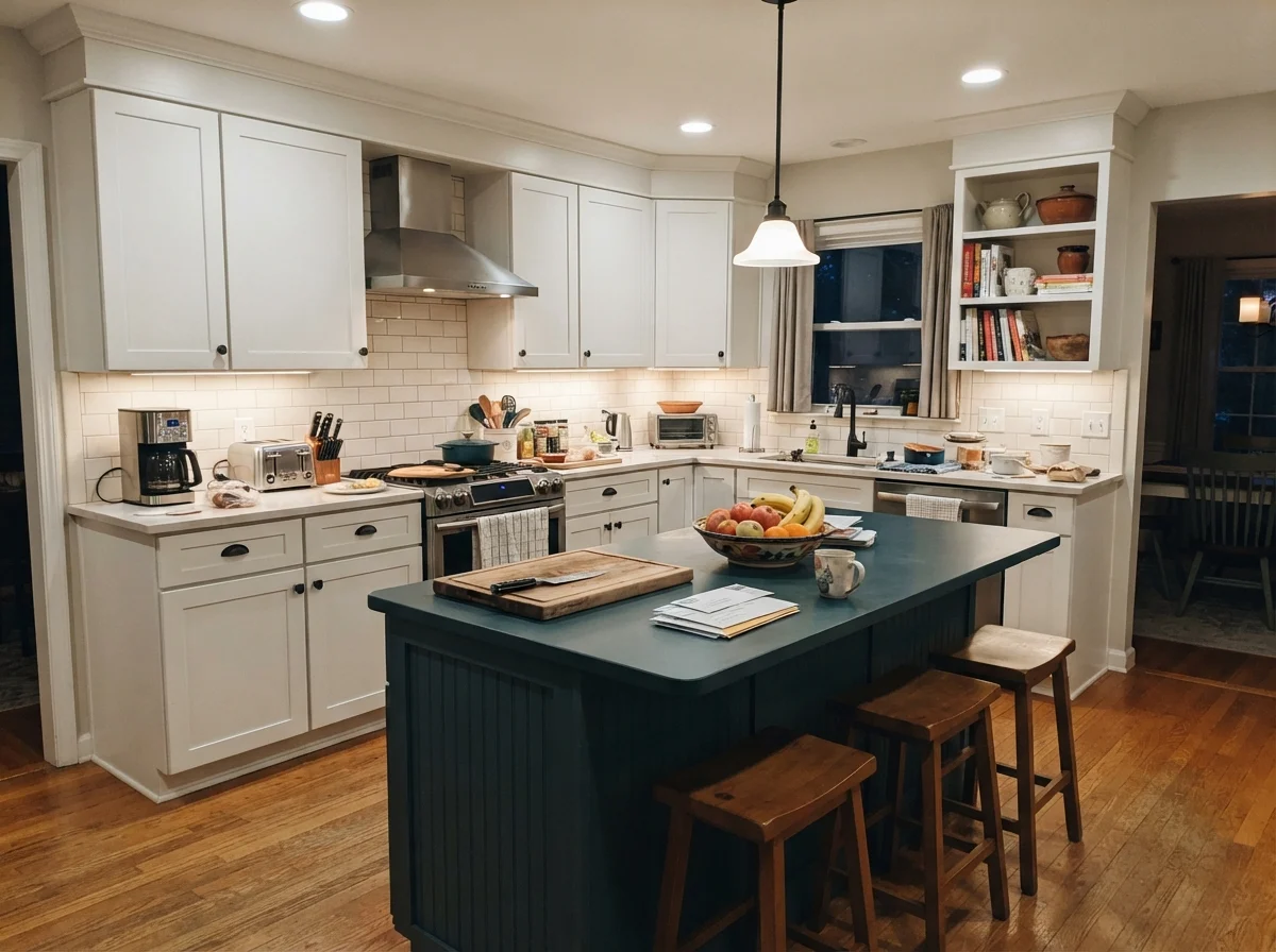 Kitchen island painted in Benjamin Moore Calm surrounded by white cabinets.