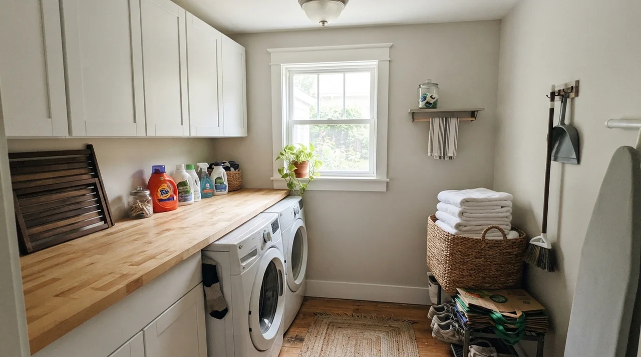 Laundry room with white cabinets, butcher block, and Benjamin Moore Calm walls.