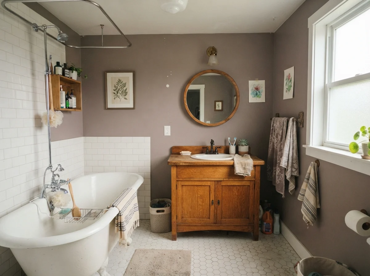 Cottage bathroom with white clawfoot tub, hex tile, oak vanity, and painted walls