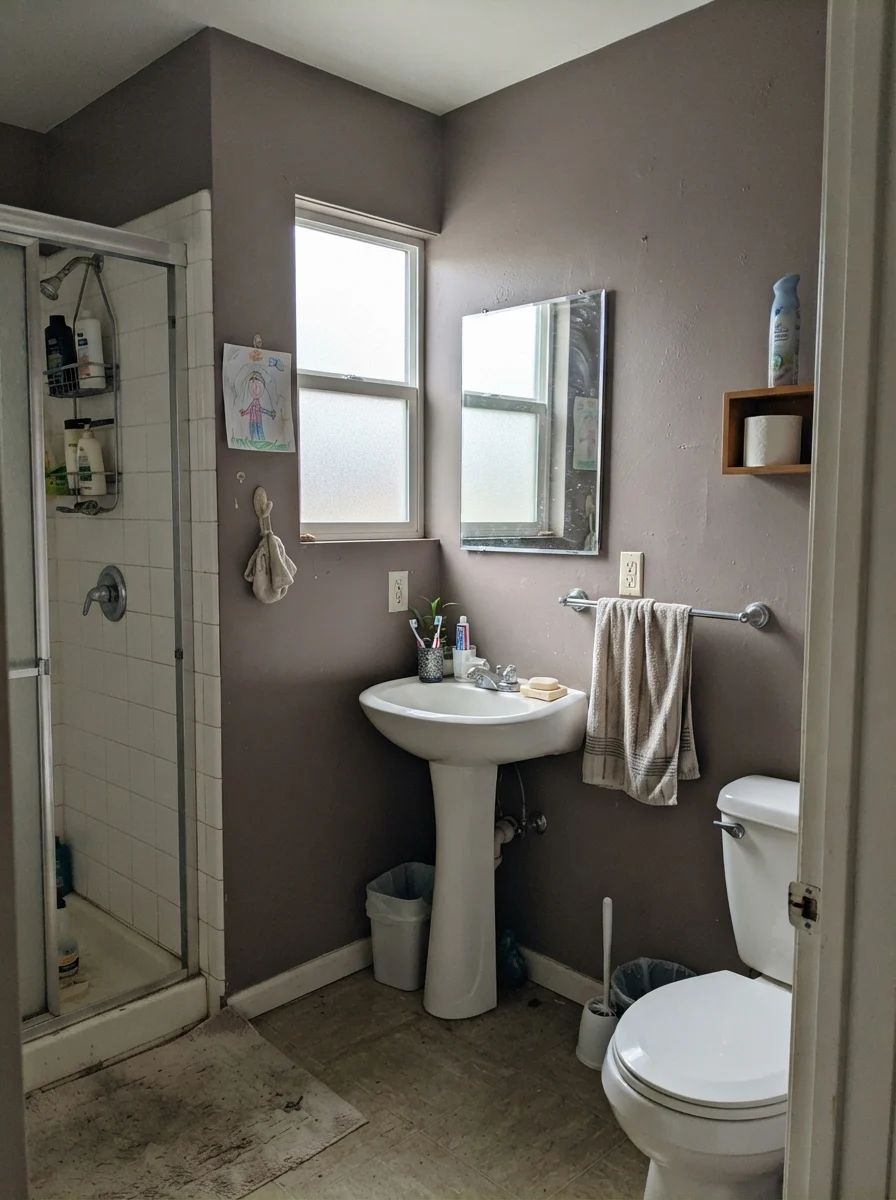 Small bathroom with painted walls looking gray under overcast frosted window light